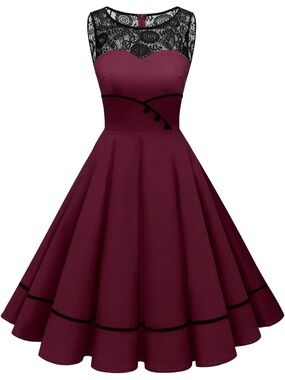 NWOT 50s Rockabilly Floral Lace Swing Dress Burgundy Size XL Never Been Worn